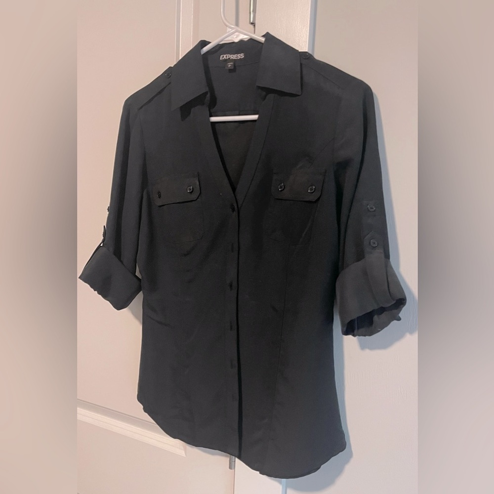 EXPRESS Womens Black V-Neck Fitted Roll Up Long Sleeve Button Down Shirt Size SP